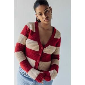 American Eagle Red Cream Rugby Stripe Button Cardigan Sweater XS Academia Preppy